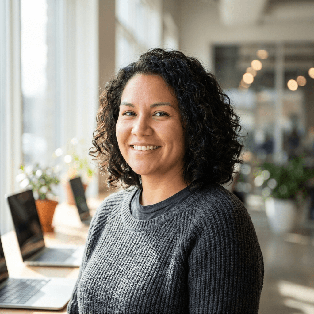 Mujer sonriente con cabello rizado oscuro y suéter gris en una oficina luminosa con plantas.