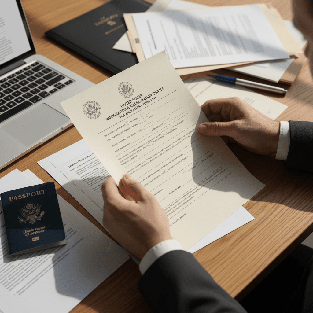 Manos organizando documentos de inmigración sobre un escritorio