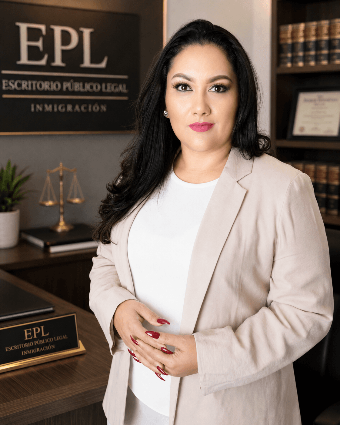 Mujer profesional con chaqueta beige posando en oficina legal de inmigración con libros y balanza.