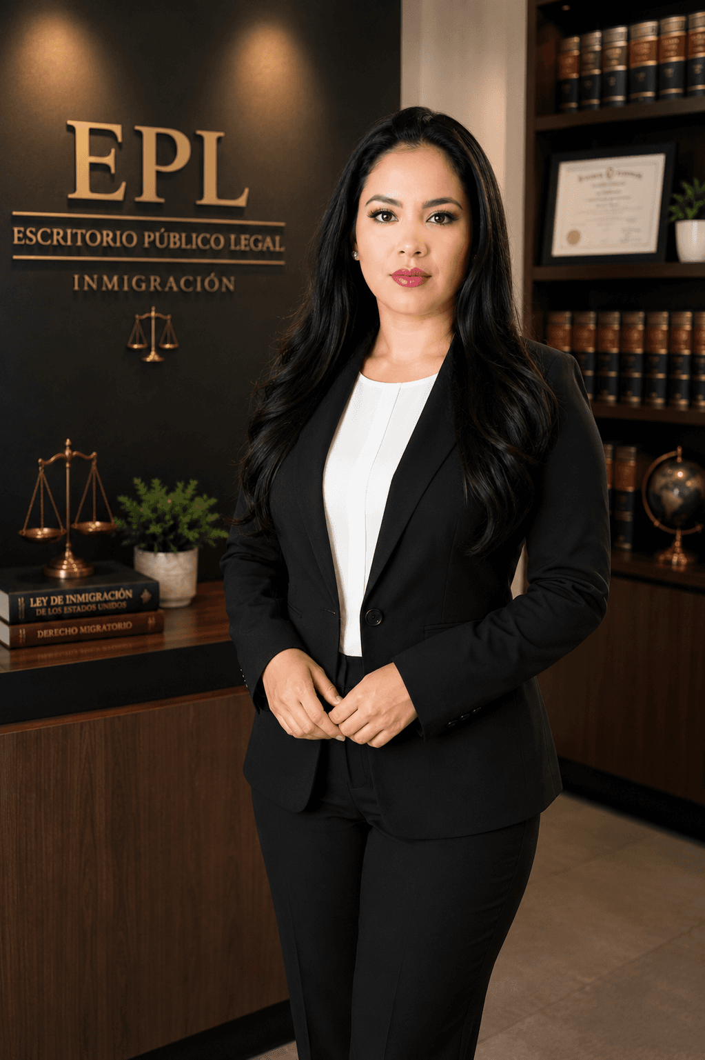 Abogada de inmigración posando en oficina con libros legales y balanza de la justicia.