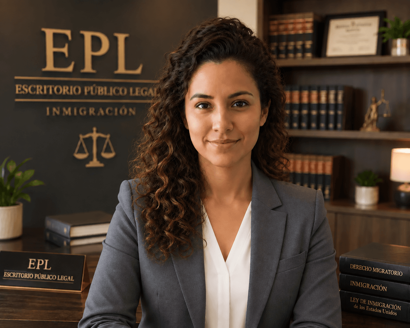 Abogada con cabello rizado en oficina de inmigración frente a estantería con libros jurídicos.