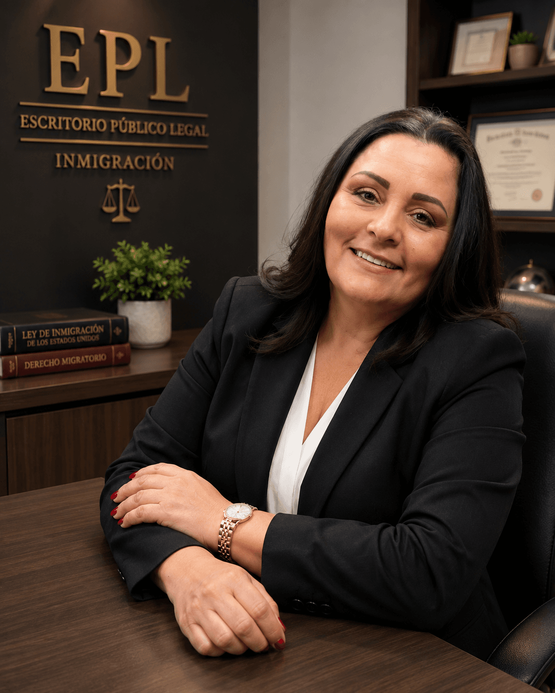 Abogada de inmigración sonriente en su oficina con libros legales y logotipo de EPL.