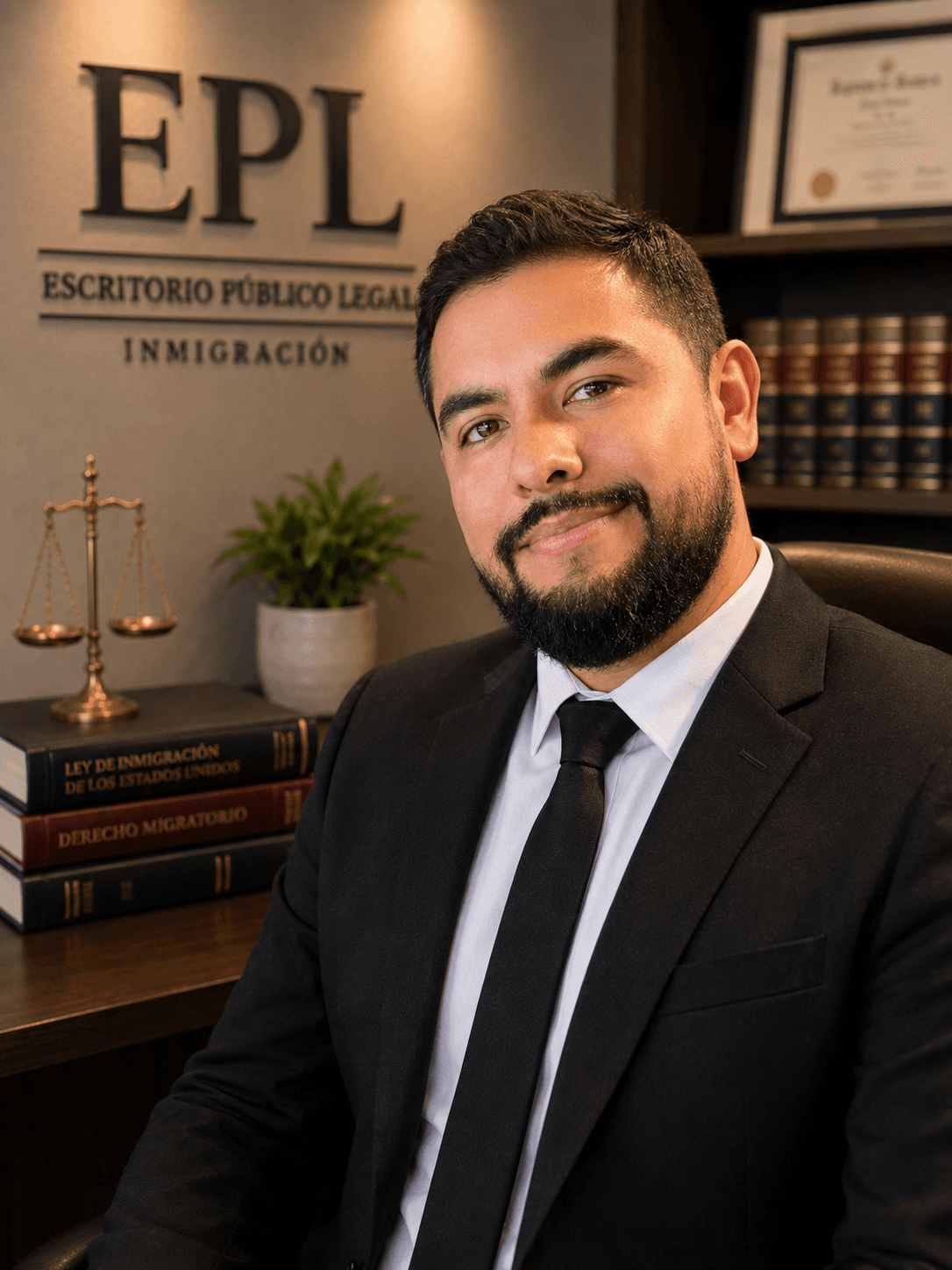 Abogado sonriente con barba en oficina legal con libros de inmigración y balanza de justicia.