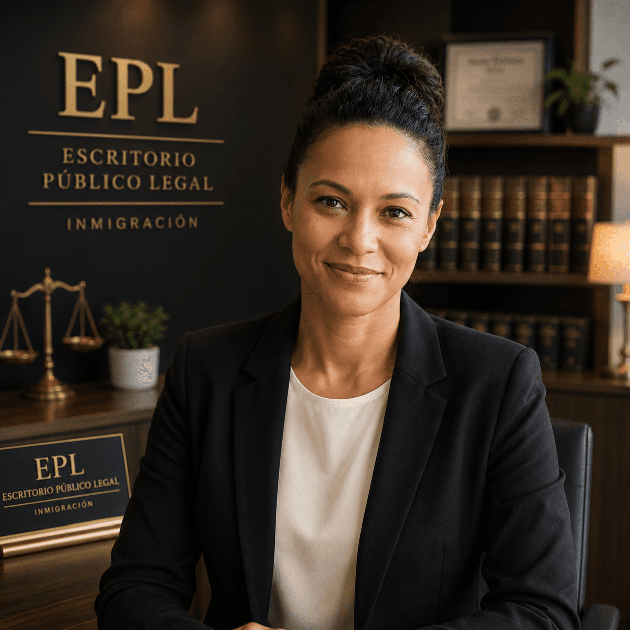Abogada sonriente en despacho de inmigración con libros, balanza de justicia y logotipo de EPL.